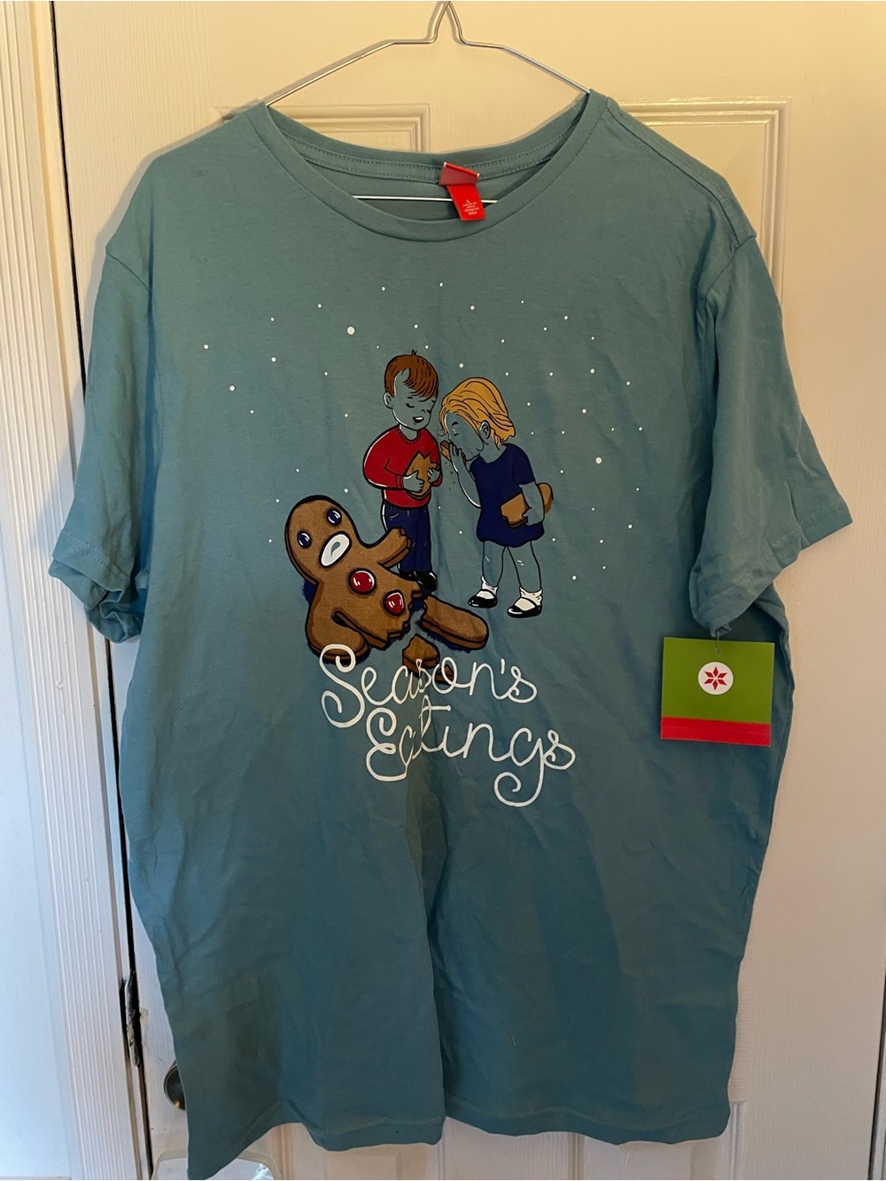 Season's Eatings Mens Holiday Graphic Tee - Teal Large NWT
